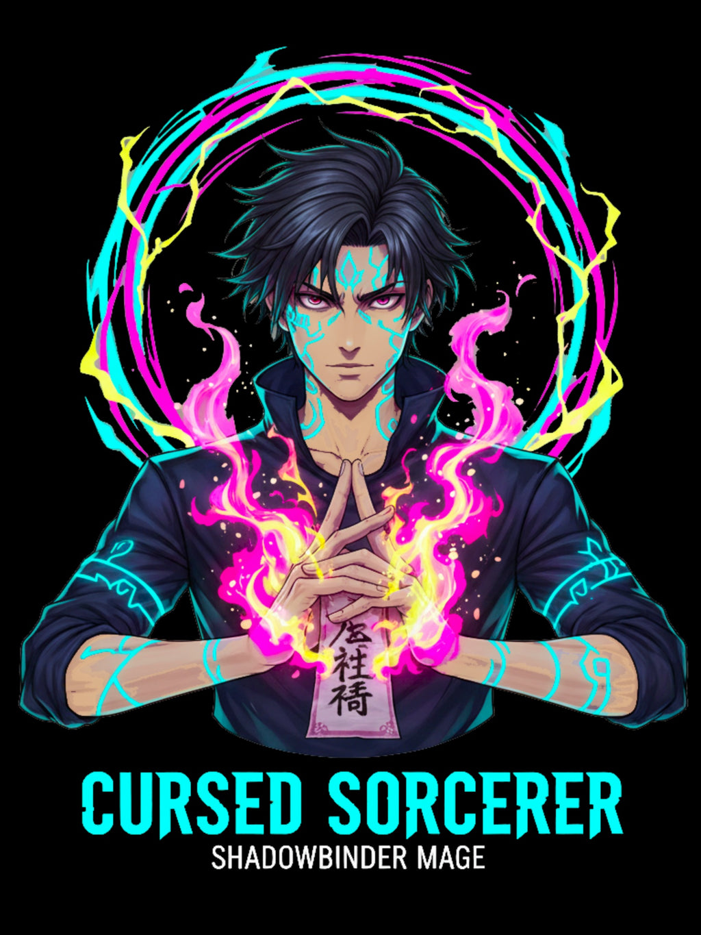 Cursed Sorcerer Anime T Shirt Shadow Mage Dark Fantasy Streetwear Neon Magic Shirt Gift for Anime Fans