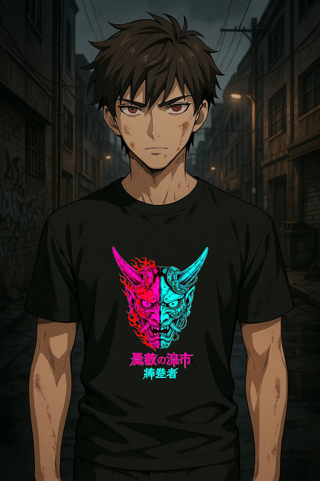 Neon Oni Mask Anime T Shirt Japanese Demon Cyberpunk Streetwear Graphic Tee Gamer Shirt Unisex