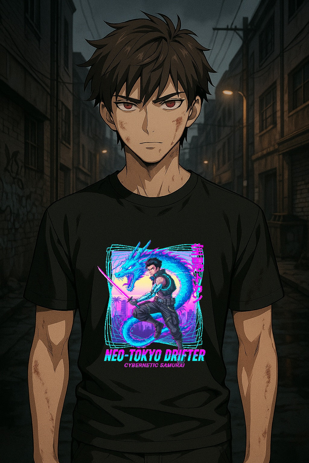 Neo Tokyo Drifter Anime T Shirt Cybernetic Samurai Dragon Graphic Tee Cyberpunk Anime Streetwear Gamer Shirt Unisex