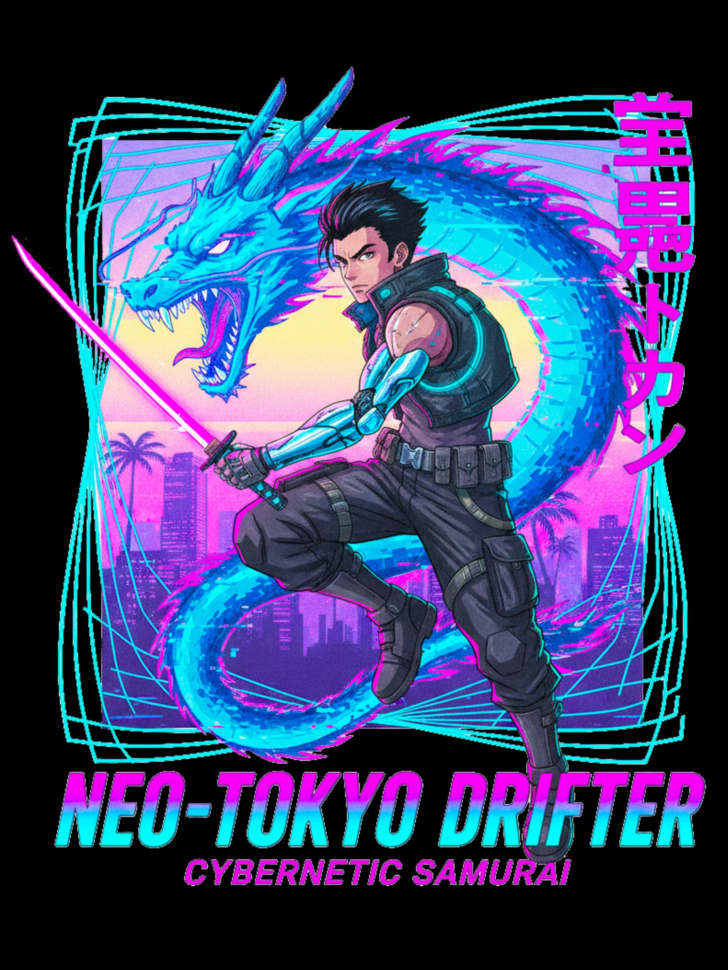 Neo Tokyo Drifter Anime T Shirt Cybernetic Samurai Dragon Graphic Tee Cyberpunk Anime Streetwear Gamer Shirt Unisex