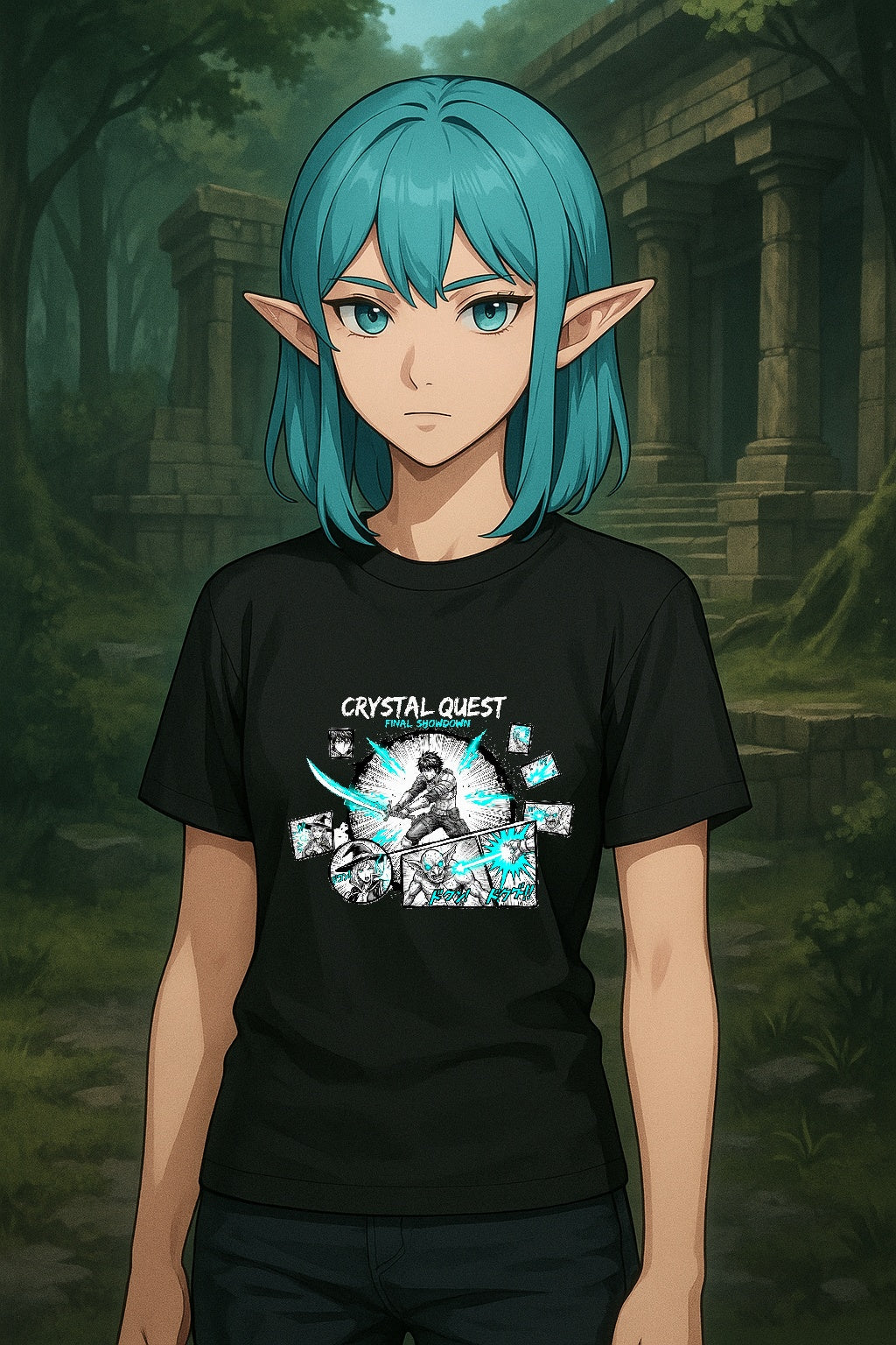 Crystal Quest Anime T Shirt Fantasy Manga Final Showdown Graphic Tee RPG Anime Gamer Shirt Unisex