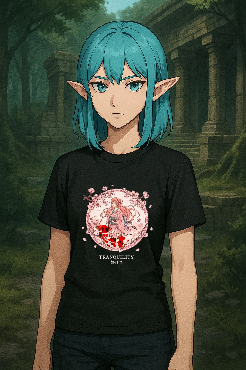 Tranquility Anime Girl T Shirt Sakura Koi Japanese Aesthetic Calm Anime Streetwear Tee