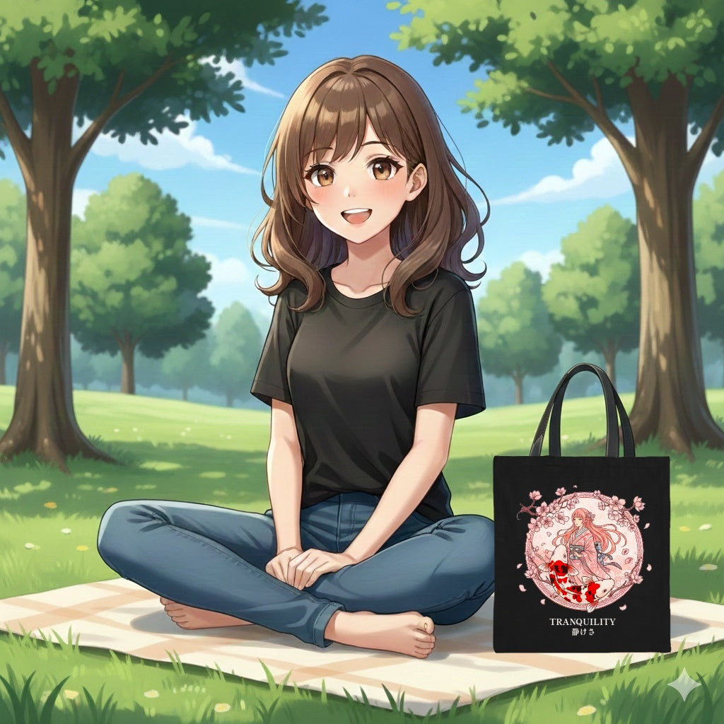 Tranquility Anime Tote Bag Sakura Koi Japanese Aesthetic Calm Anime Shopper Bag
