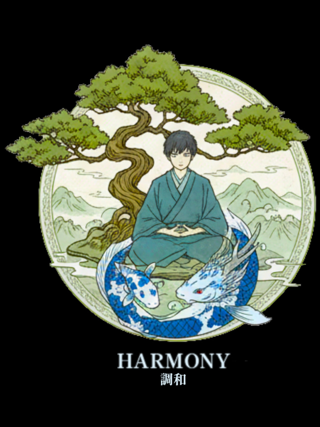 Harmony Anime T Shirt Zen Nature Koi Bonsai Japanese Aesthetic Calm Anime Streetwear Tee