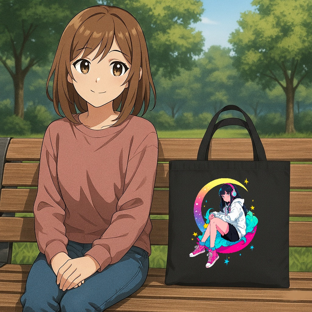 Anime Girl Moon Tote Bag Cute Aesthetic Anime Tote Cozy Pastel Art Reusable Shopping Bag