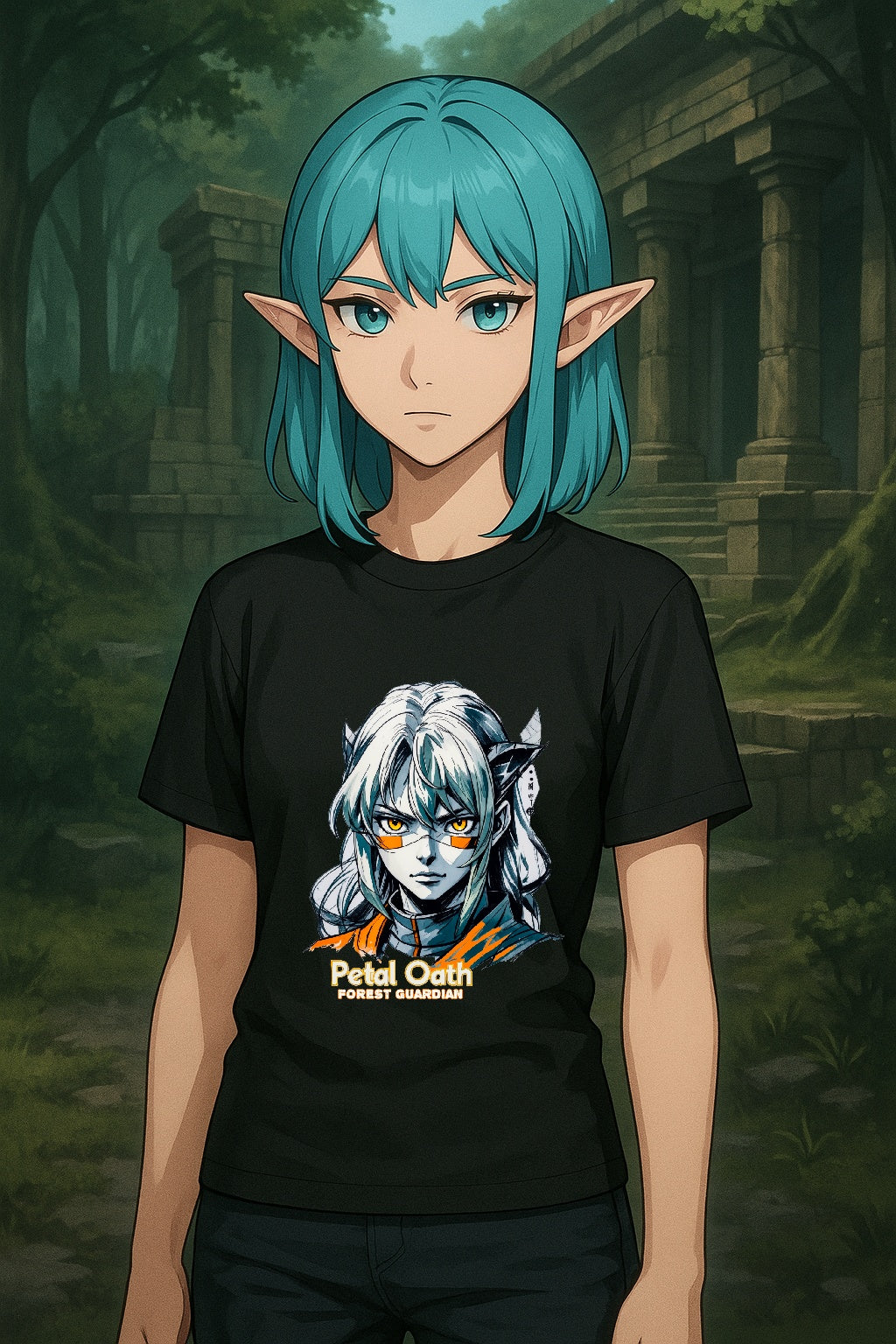 Anime Forest Guardian T Shirt Petal Oath Fantasy Warrior Character Art Streetwear Gift