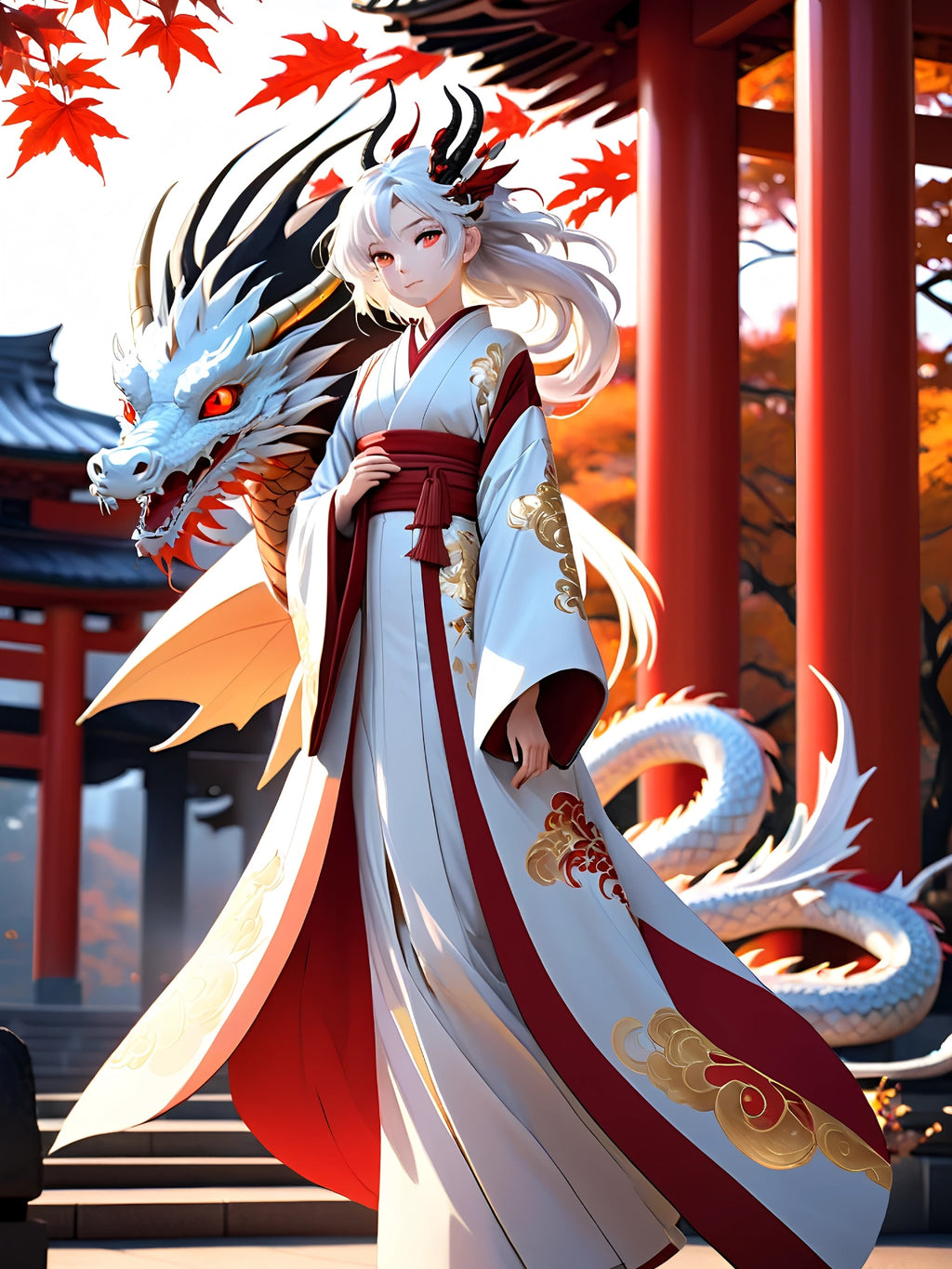 Dragon Shrine Anime Poster – White Dragon Guardian Wall Art, Japanese Temple Fantasy Print, Autumn Anime Girl Artwork, Collector Poster | Epic Anime Apparel