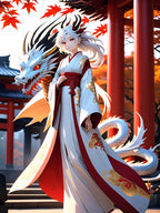 Dragon Shrine Anime Poster – White Dragon Guardian Wall Art, Japanese Temple Fantasy Print, Autumn Anime Girl Artwork, Collector Poster | Epic Anime Apparel