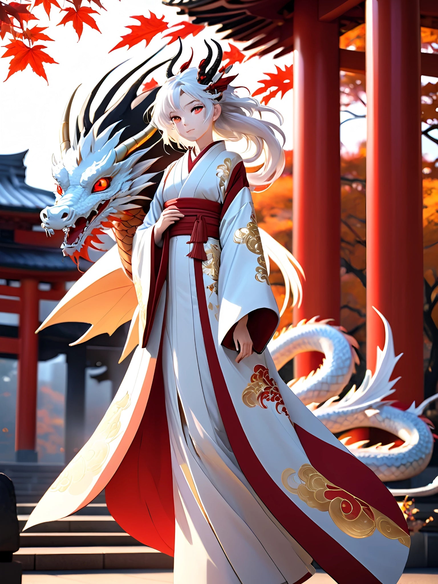 Dragon Shrine Anime Poster – White Dragon Guardian Wall Art, Japanese Temple Fantasy Print, Autumn Anime Girl Artwork, Collector Poster | Epic Anime Apparel