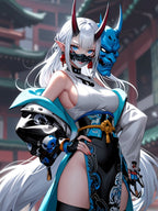 Oni Mask Anime Poster – Cyber Demon Girl Wall Art, Japanese Yokai Streetwear Aesthetic Print, Blue Oni Mask Fantasy Artwork, Collector Poster | Epic Anime Apparel