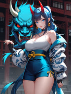 Blue Oni Demon Girl Anime Poster – Japanese Yokai Guardian Wall Art, Cyber Streetwear Fantasy Print, Anime Shrine Aesthetic Collector Poster | Epic Anime Apparel