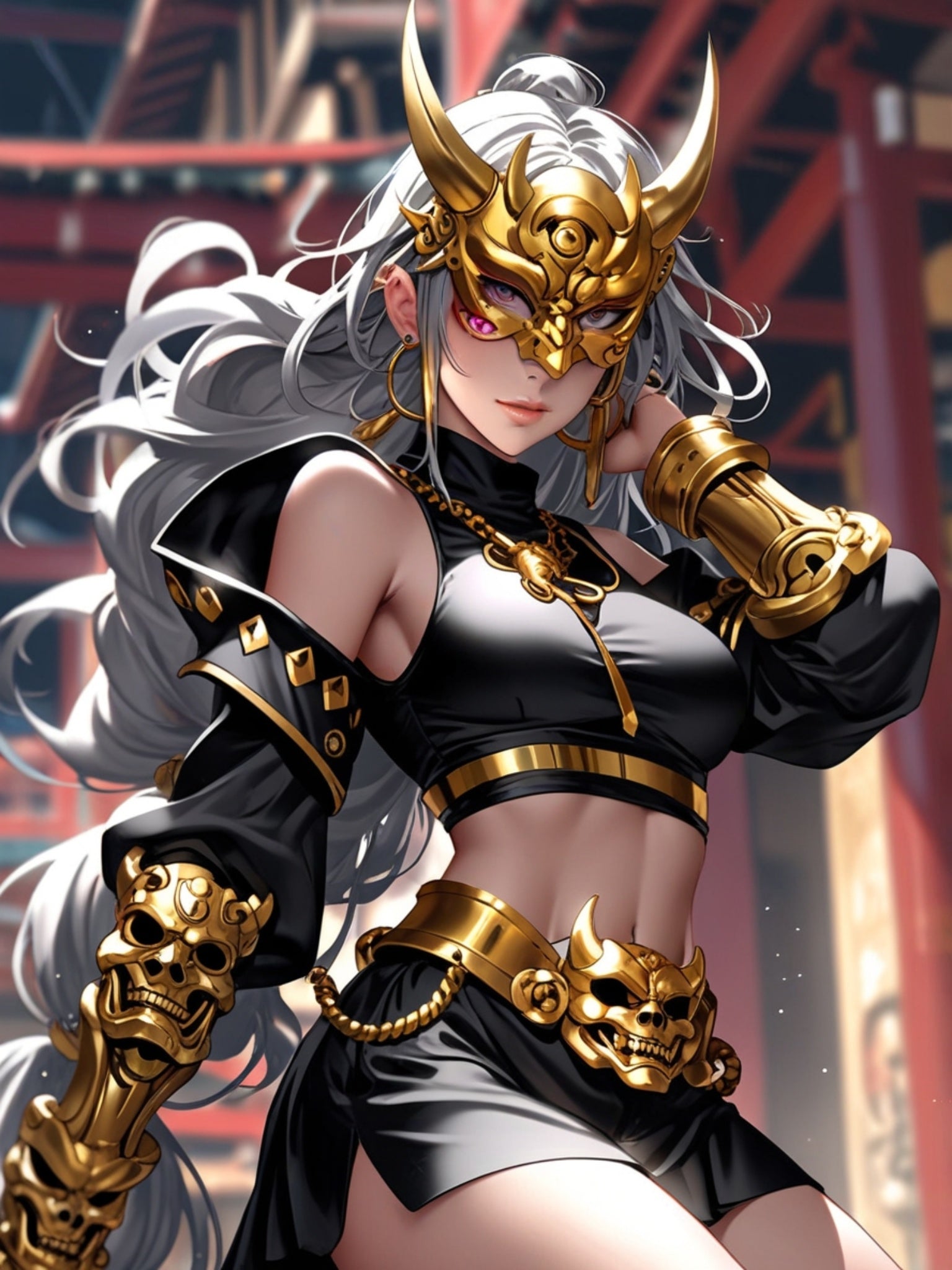 Golden Oni Mask Anime Poster – Horned Demon Girl Wall Art, Japanese Skull Armor Fantasy Print, Dark Pin Up Villain Artwork, Collector Poster | Epic Anime Apparel