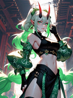 Green Demon Girl Anime Poster – Neon Oni Pin Up Wall Art, Japanese Yokai Fantasy Print, Horned Anime Girl Collector Poster, Horror Aesthetic Decor | Epic Anime Apparel