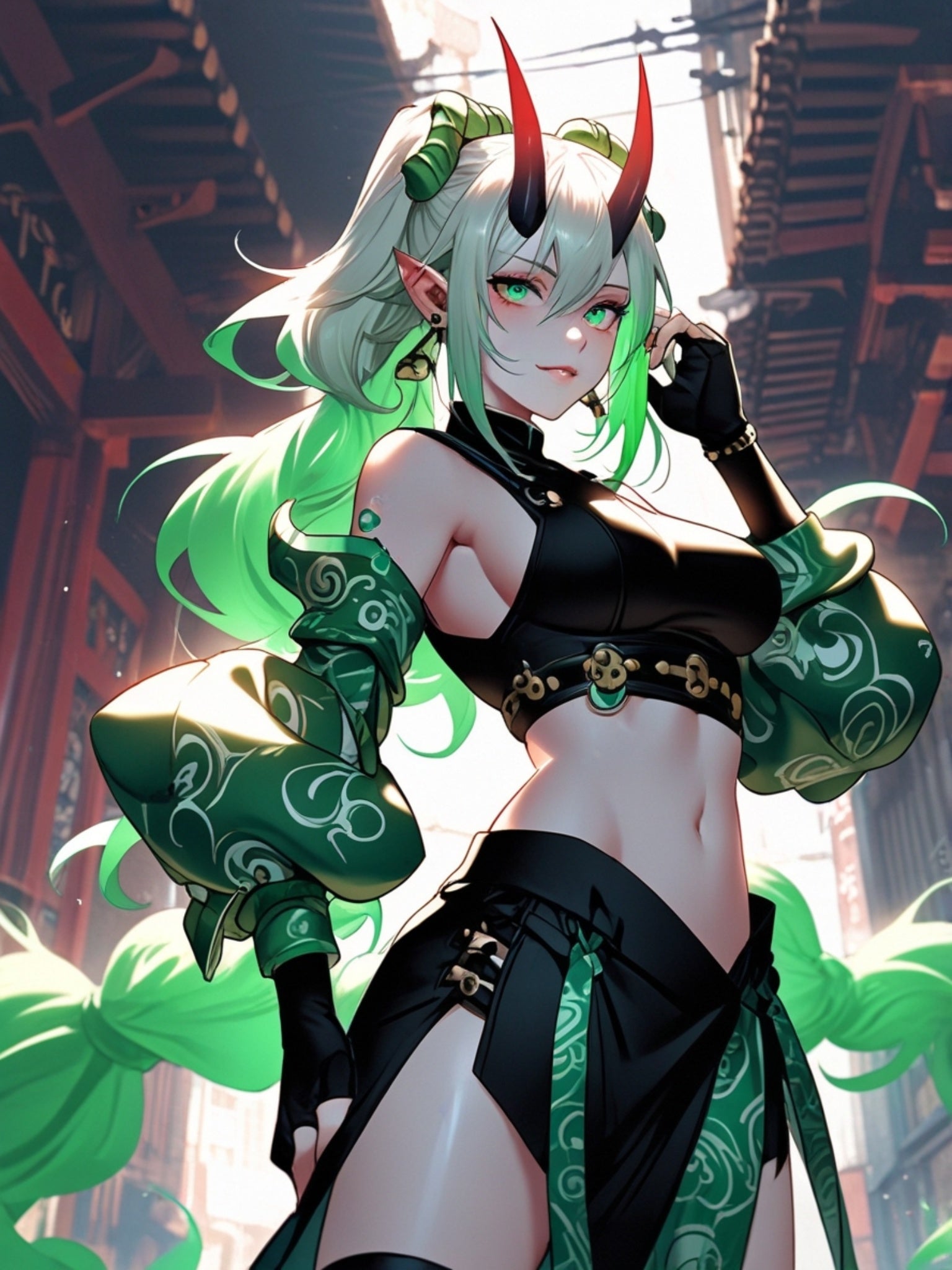 Green Demon Girl Anime Poster – Neon Oni Pin Up Wall Art, Japanese Yokai Fantasy Print, Horned Anime Girl Collector Poster, Horror Aesthetic Decor | Epic Anime Apparel