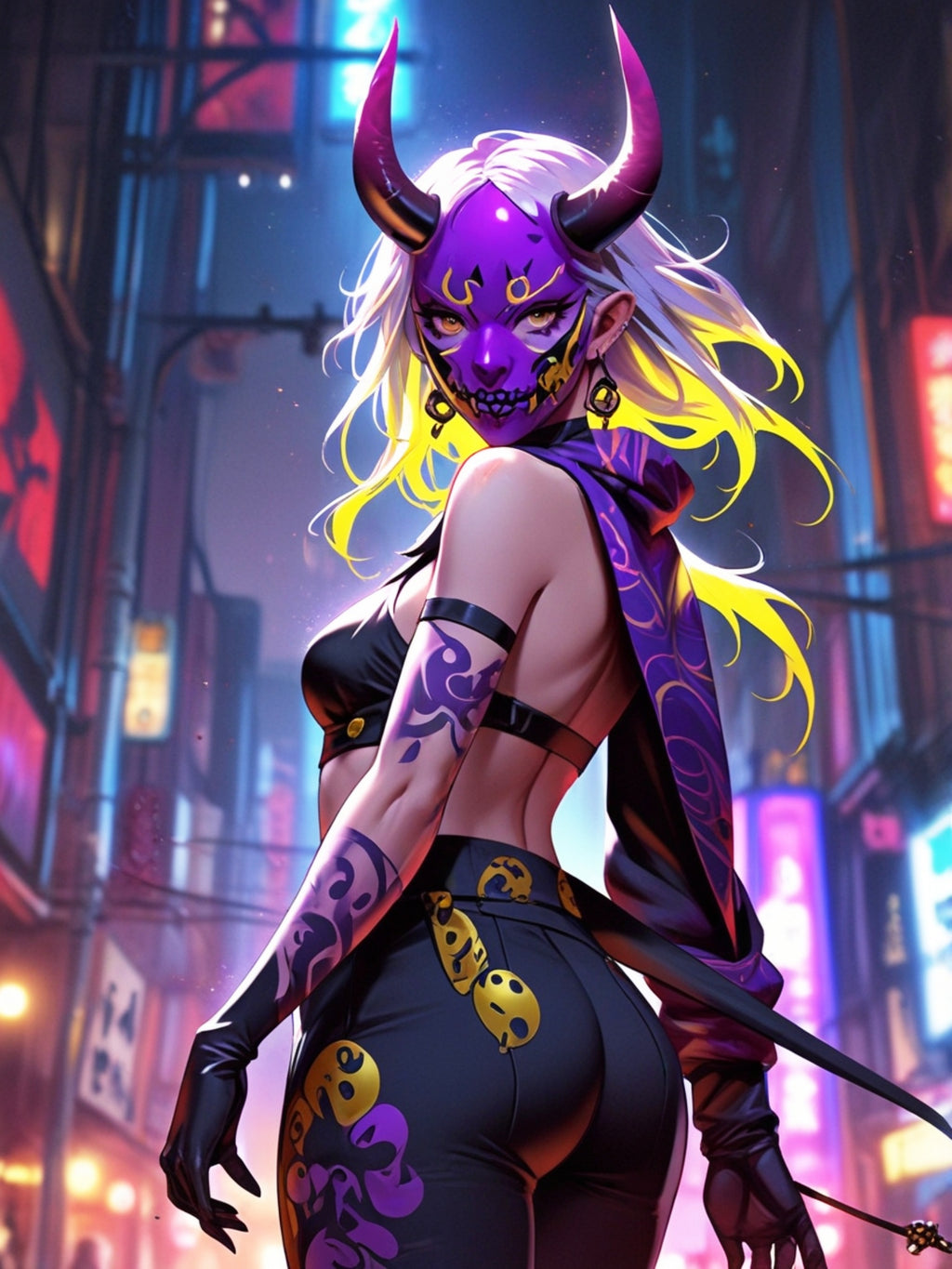 Neon Oni Demon Girl Poster – Cyberpunk Anime Pin Up Wall Art, Japanese Horror Aesthetic Print, Dark Fantasy Manga Style Decor