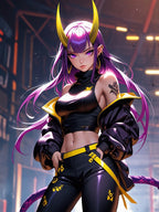 Demon Girl Cyberpunk Poster – Anime Pin Up Wall Art – Neon Oni Mask Villain Print – Dark Fantasy Sci Fi Decor – Epic Anime Apparel