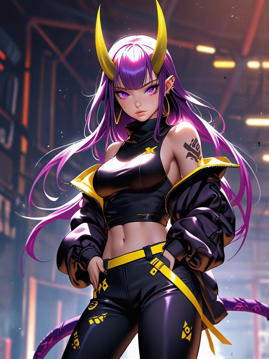 Demon Girl Cyberpunk Poster – Anime Pin Up Wall Art – Neon Oni Mask Villain Print – Dark Fantasy Sci Fi Decor – Epic Anime Apparel