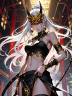 Oni Demon Queen Poster - White Hair Horned Mask Anime Wall Art, Dark Fantasy Samurai Girl Print, Gothic Japanese Aesthetic Decor