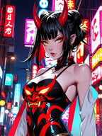 Neon Oni Demon Girl Anime Poster – Cyberpunk Horror Pin Up Wall Art