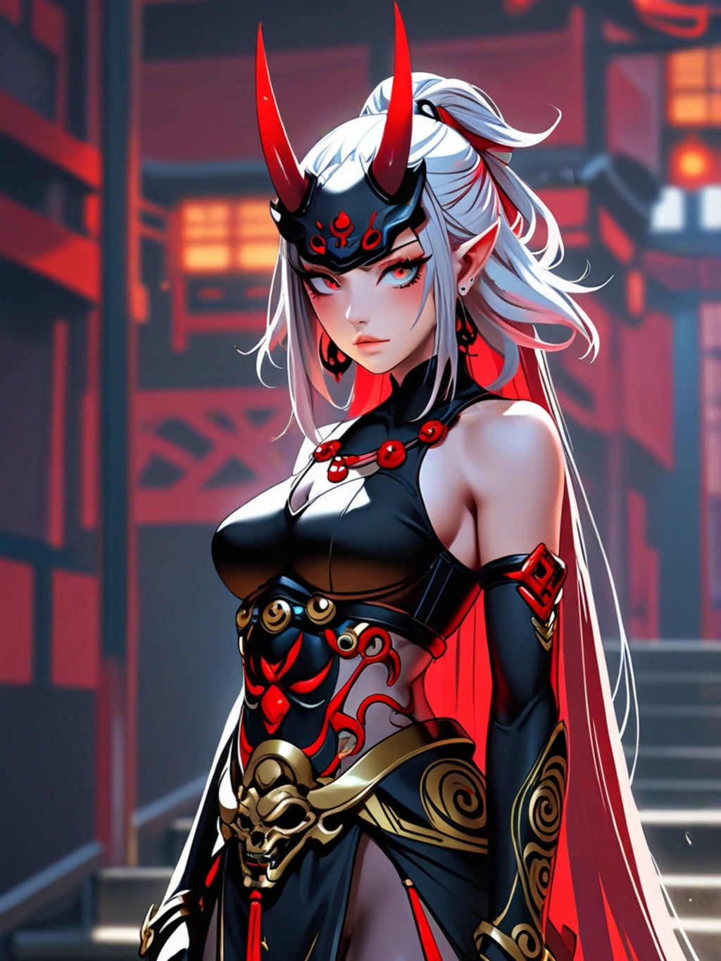 Oni Demon Girl Poster - Anime Pin Up Wall Art - Japanese Horror Fantasy Print - Sexy Demon Mask Art - Cyberpunk Oni Warrior Decor - Epic Anime Apparel