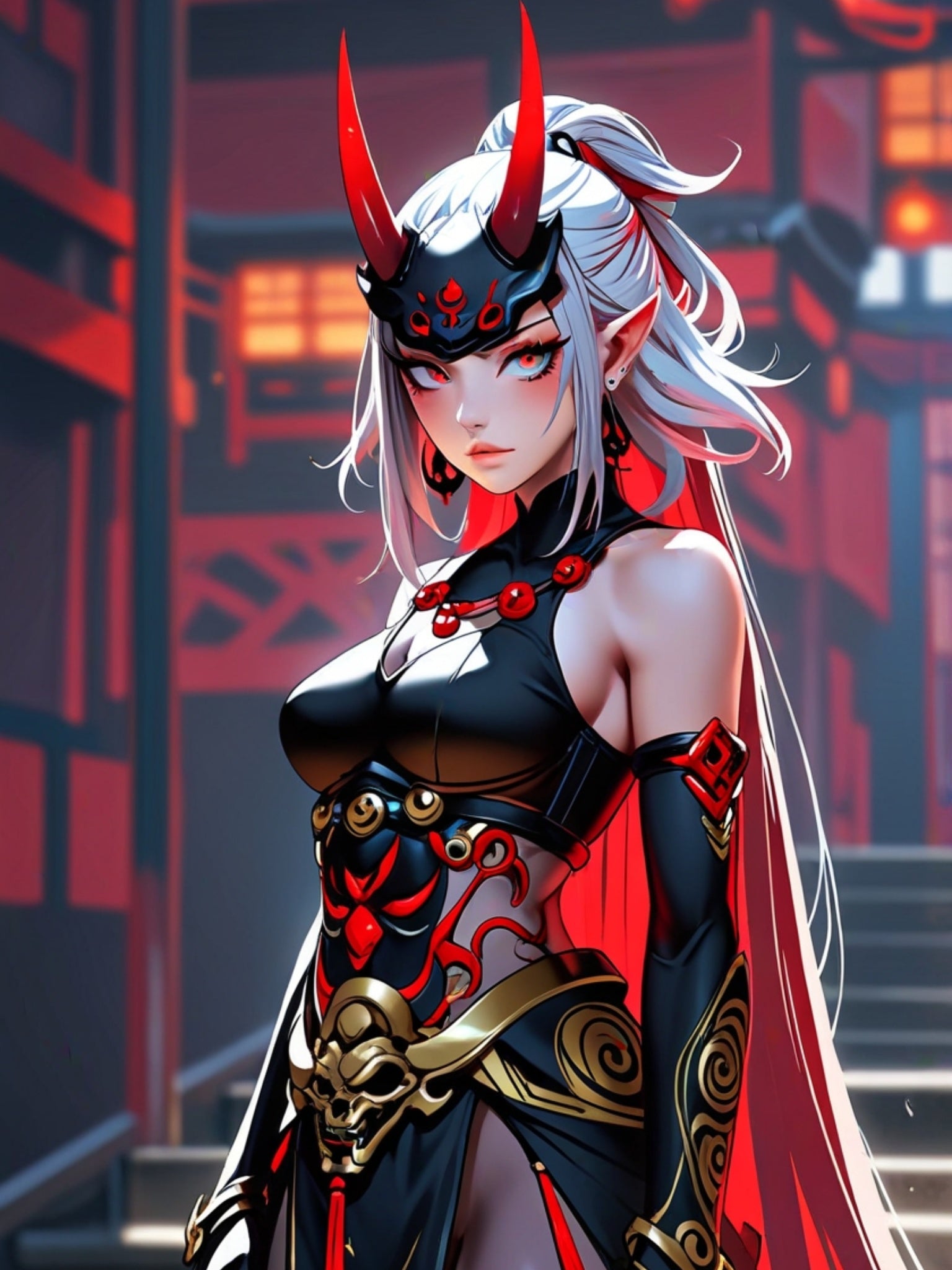 Oni Demon Girl Poster - Anime Pin Up Wall Art - Japanese Horror Fantasy Print - Sexy Demon Mask Art - Cyberpunk Oni Warrior Decor - Epic Anime Apparel