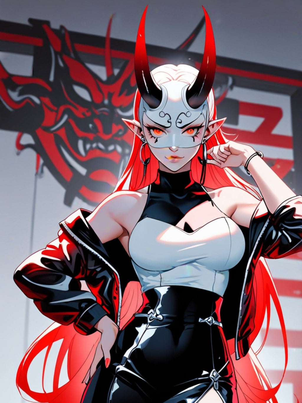 Oni Demon Girl Poster - Anime Horror Wall Art - Japanese Oni Mask Print - Sexy Pin Up Anime Decor - Cyberpunk Demon Girl Artwork - Epic Anime Apparel