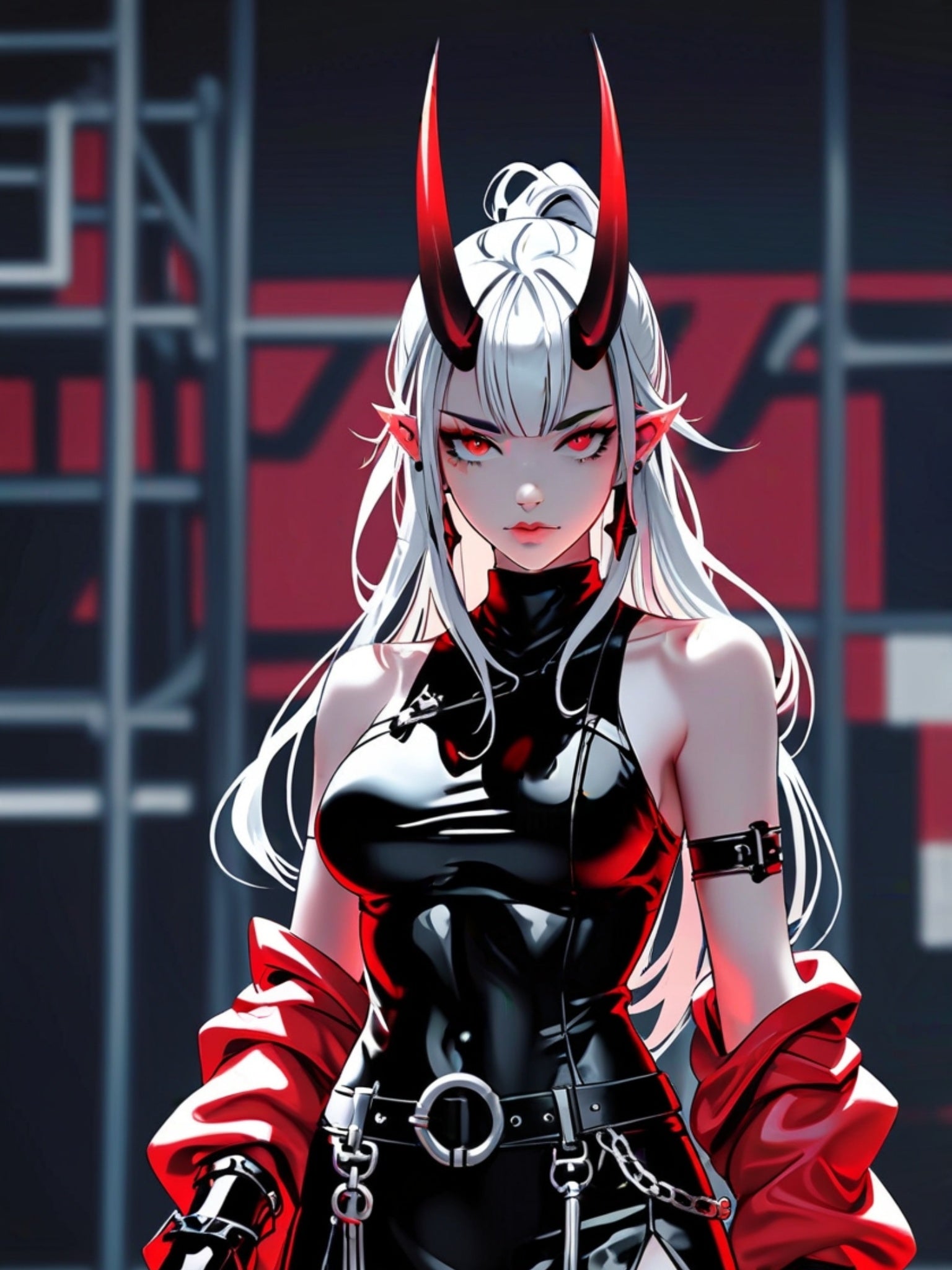 White Haired Demon Girl Poster - Anime Horror Wall Art - Red Horn Oni Girl Print - Sexy Pin Up Anime Decor - Gothic Cyberpunk Demon Artwork - Epic Anime Apparel