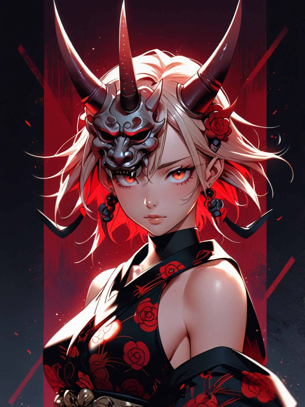 Oni Mask Anime Poster - Demon Girl Horror Wall Art - Red Rose Gothic Anime Print - Japanese Oni Girl Decor - Dark Fantasy Pin Up Poster - Epic Anime Apparel