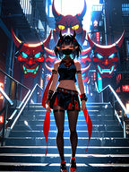 Queen of the Oni Masks Anime Poster - Horror Demon Girl Wall Art - Japanese Oni Mask Print - Dark Fantasy Anime Decor - Neon Cyberpunk Oni Girl Poster - Epic Anime Apparel