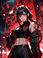 Queen of the Oni Masks Poster – Dark Cyberpunk Oni Demon Girl Wall Art, Anime Horror Print, Japanese Mask Fantasy Decor