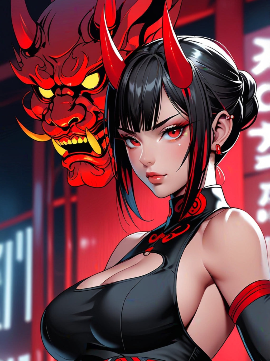 Oni Mask Demon Girl Poster – Cyberpunk Anime Wall Art Print, Japanese Horror Decor, Neon Manga Pin Up Girl Poster