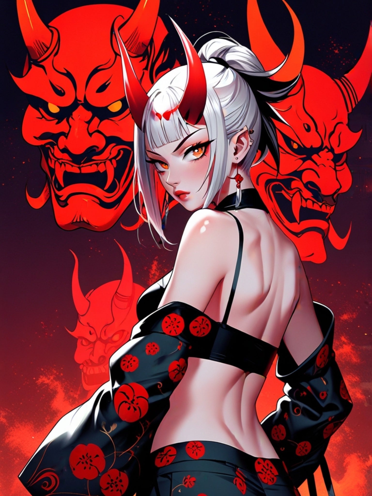Oni Mask Demon Girl Poster – Sexy Anime Pin Up Wall Art Print, Japanese Horror Decor, Cyberpunk Manga Demon Poster