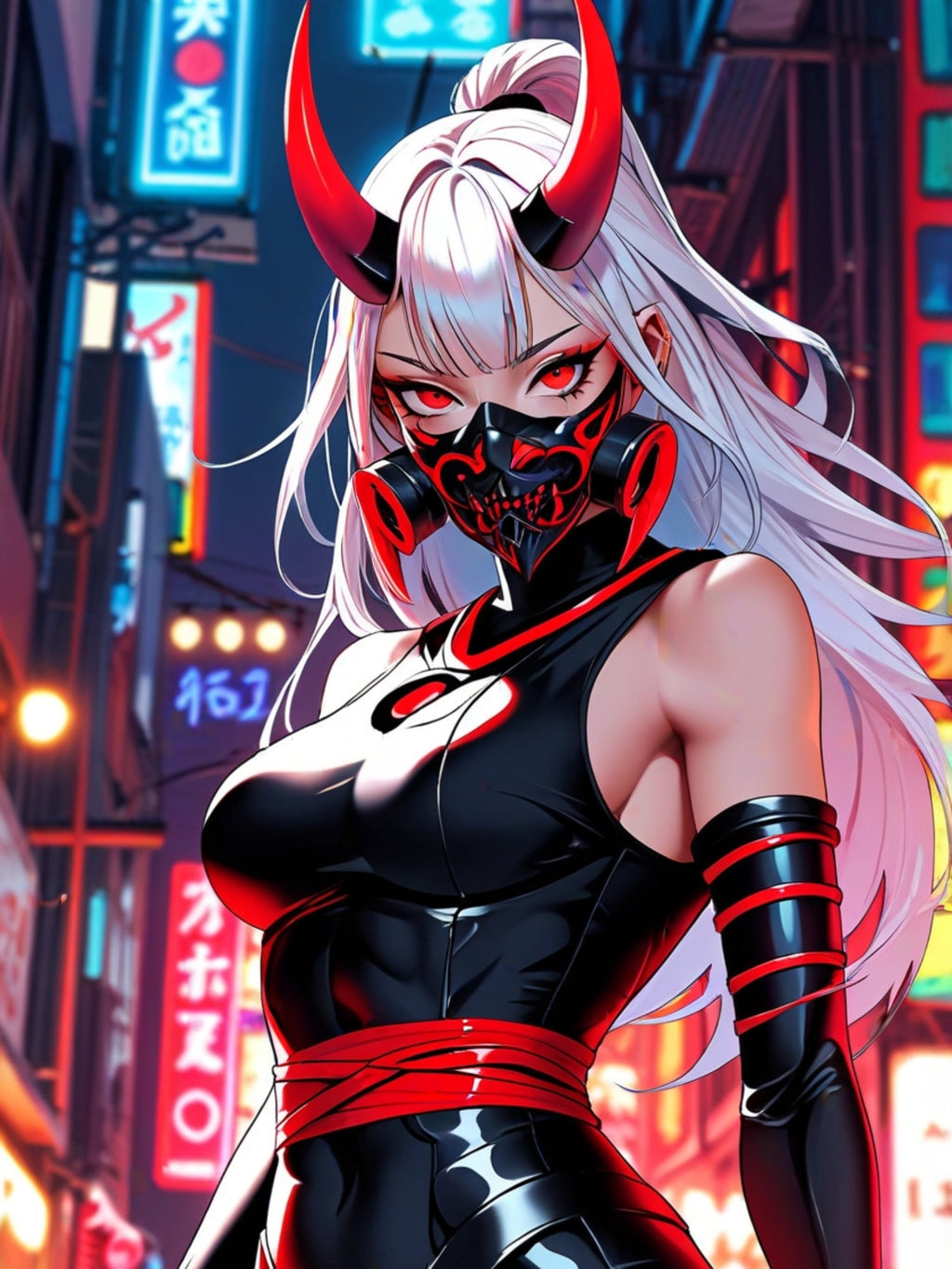 Cyberpunk Oni Demon Girl Poster – Sexy Anime Pin Up Wall Art Print, Japanese Horror Decor, Masked Manga Demon Poster
