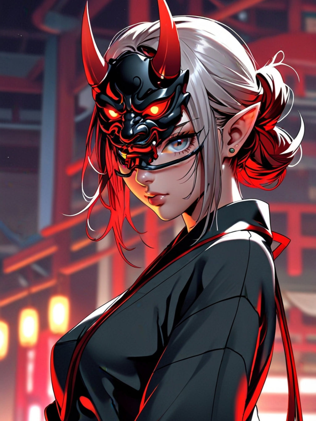 Oni Mask Demon Girl Poster – Cyberpunk Anime Wall Art Print, Japanese Horror Decor, Sexy Pin Up Manga Demon Poster
