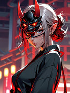 Oni Mask Demon Girl Poster – Cyberpunk Anime Wall Art Print, Japanese Horror Decor, Sexy Pin Up Manga Demon Poster