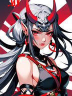 Oni Mask Demon Girl Poster – Japanese Anime Wall Art Print, Red Rising Sun Cyberpunk Decor, Sexy Manga Pin Up Demon Poster