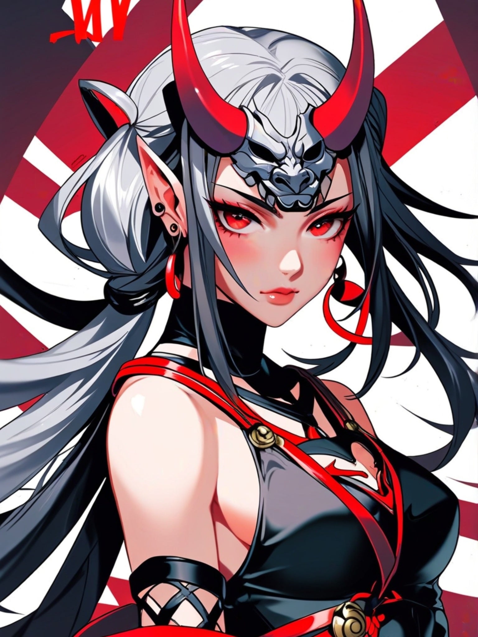 Oni Mask Demon Girl Poster – Japanese Anime Wall Art Print, Red Rising Sun Cyberpunk Decor, Sexy Manga Pin Up Demon Poster