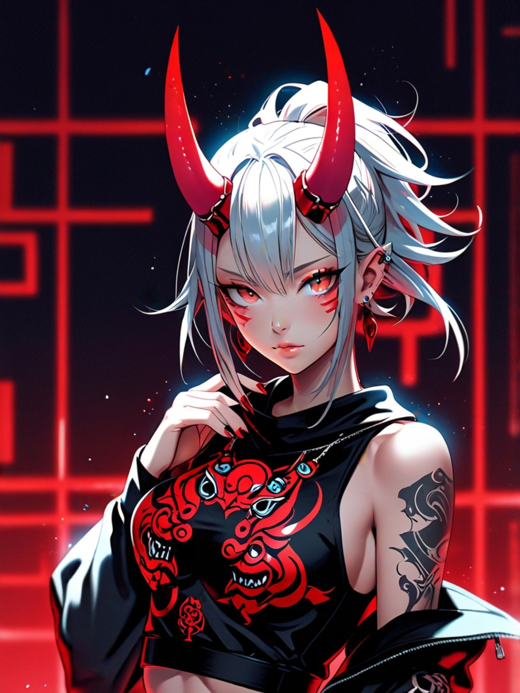 Oni Demon Girl Poster – Japanese Anime Wall Art Print, Red Neon Cyberpunk Decor, Manga Pin Up Demon Poster, Oni Mask Aesthetic Art