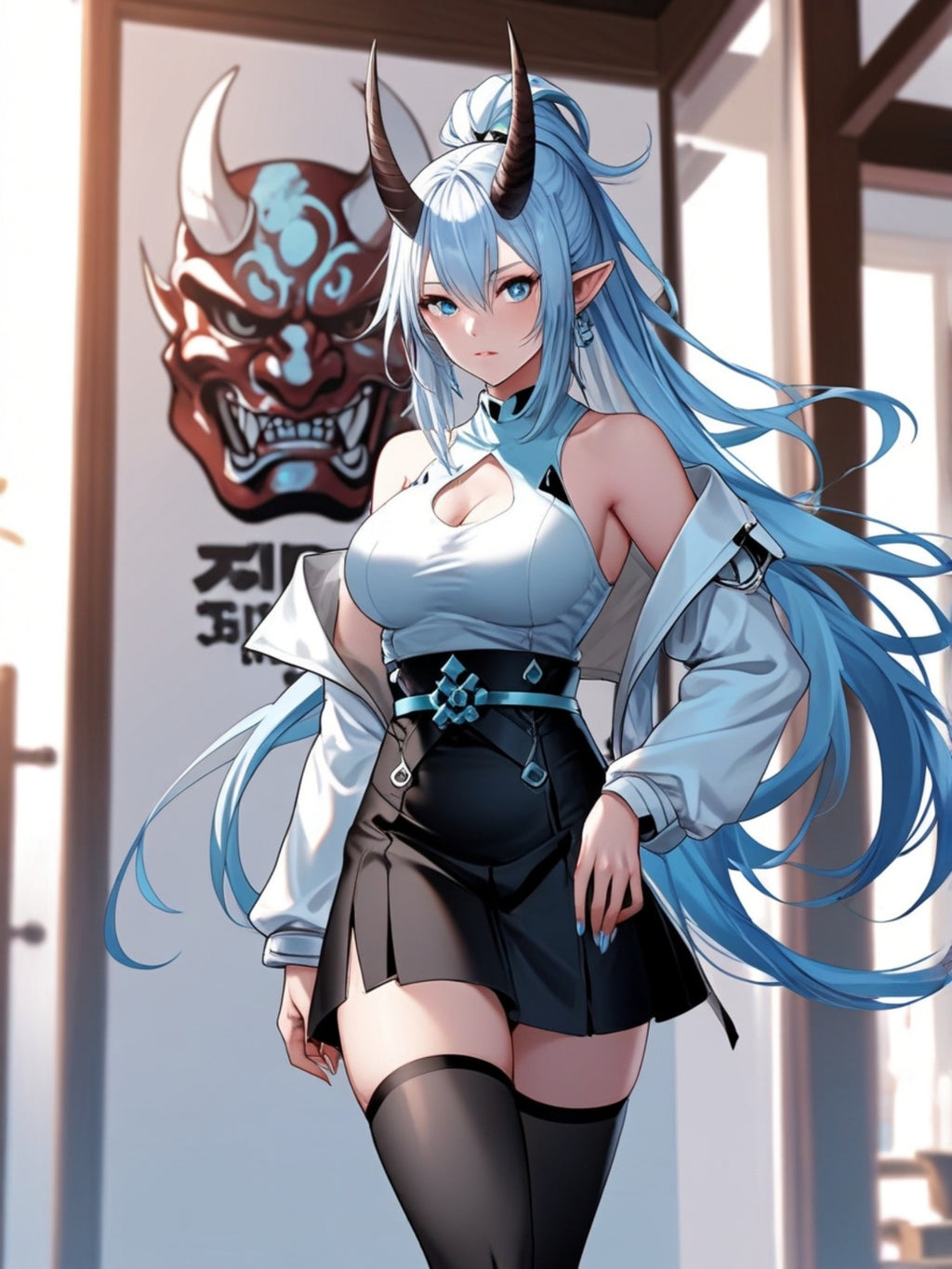 Blue Oni Girl Poster – Anime Demon Wall Art Print, Japanese Oni Mask Decor, Ice Blue Fantasy Pin Up Poster, Manga Style Bedroom Wall Decor