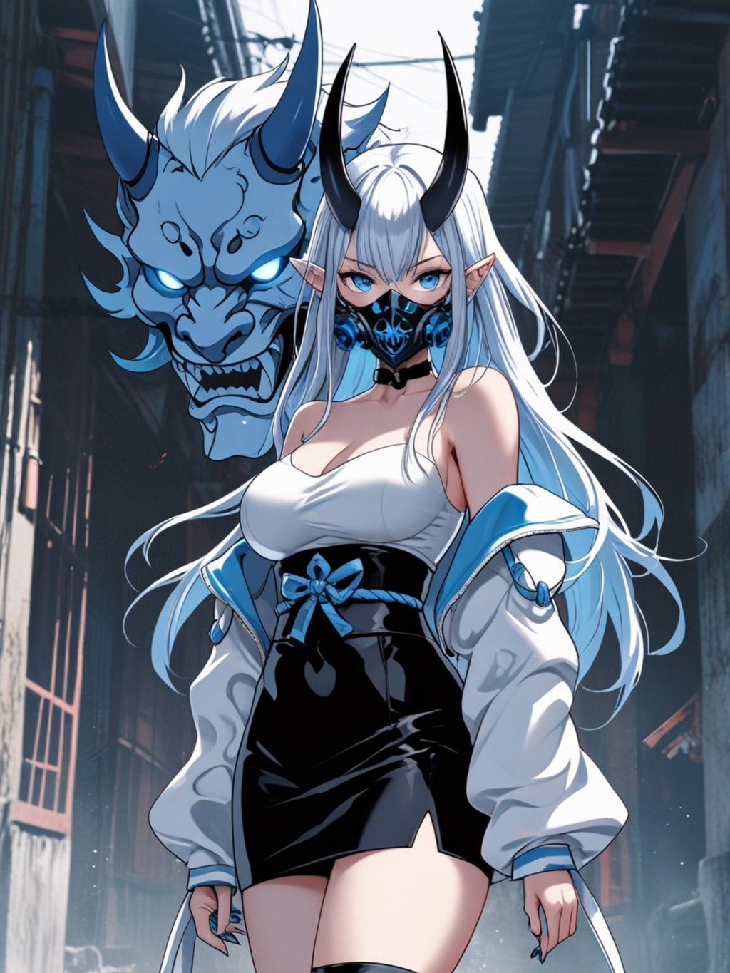 Ice Oni Girl Poster – Anime Demon Wall Art Print, Blue Oni Mask Spirit, Japanese Yokai Fantasy Poster, Cyberpunk Manga Pin Up Wall Decor
