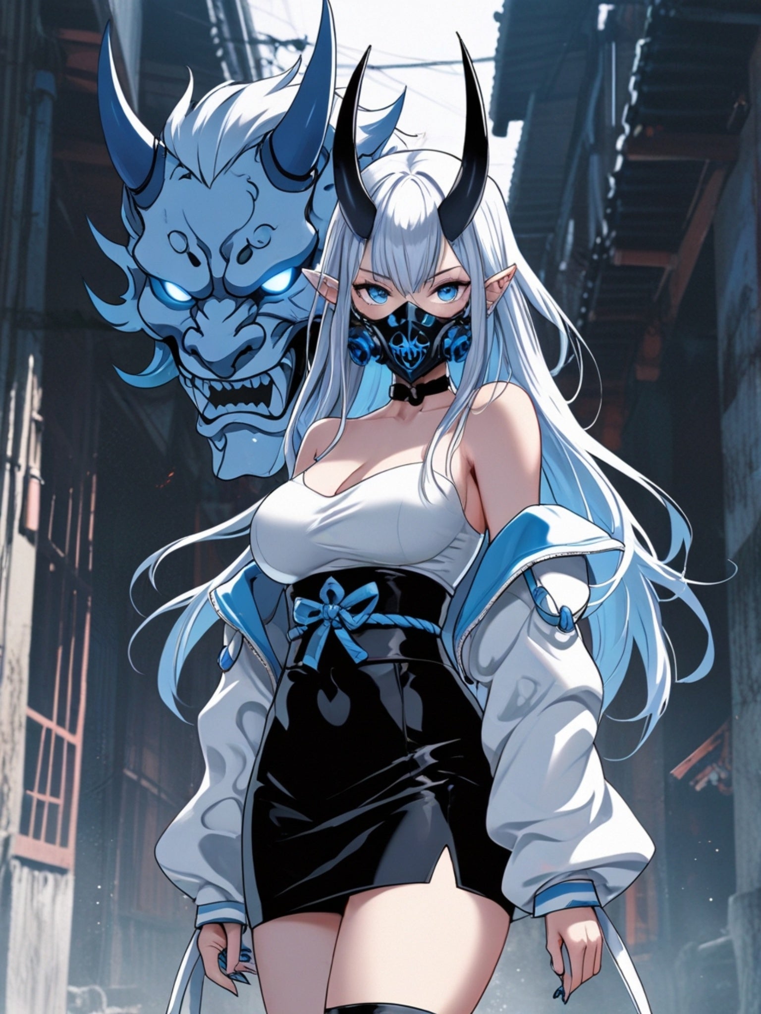 Ice Oni Girl Poster – Anime Demon Wall Art Print, Blue Oni Mask Spirit, Japanese Yokai Fantasy Poster, Cyberpunk Manga Pin Up Wall Decor