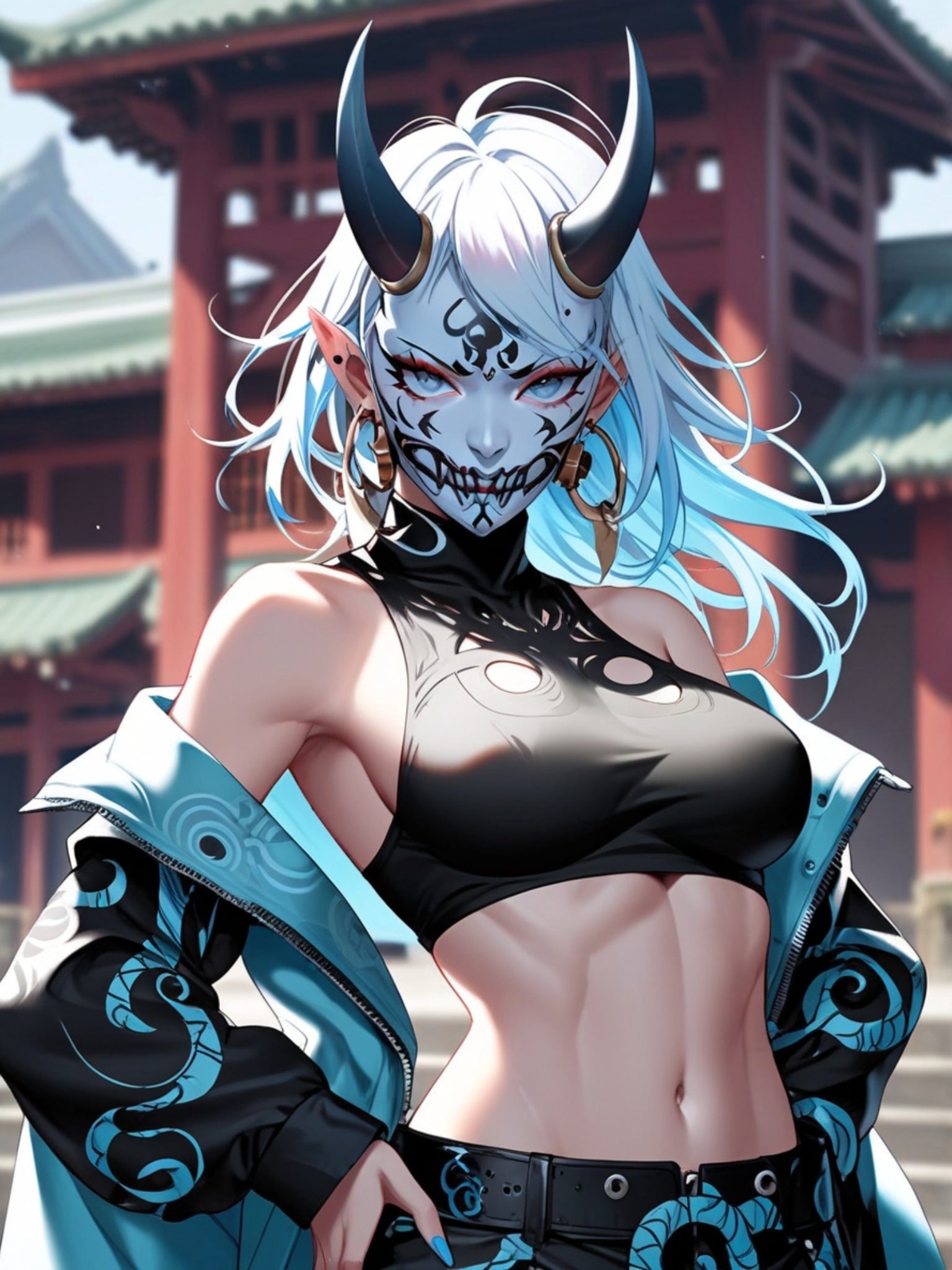 Oni Mask Queen Poster – Anime Demon Girl Wall Art Print, Japanese Yokai Temple Artwork, Cyberpunk Fantasy Pin Up Poster, Manga Horror Decor