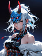 Blue Oni Mask Queen Poster – Anime Demon Girl Wall Art Print, Japanese Yokai Fantasy Artwork, Cyberpunk Pin Up Poster, Manga Horror Decor