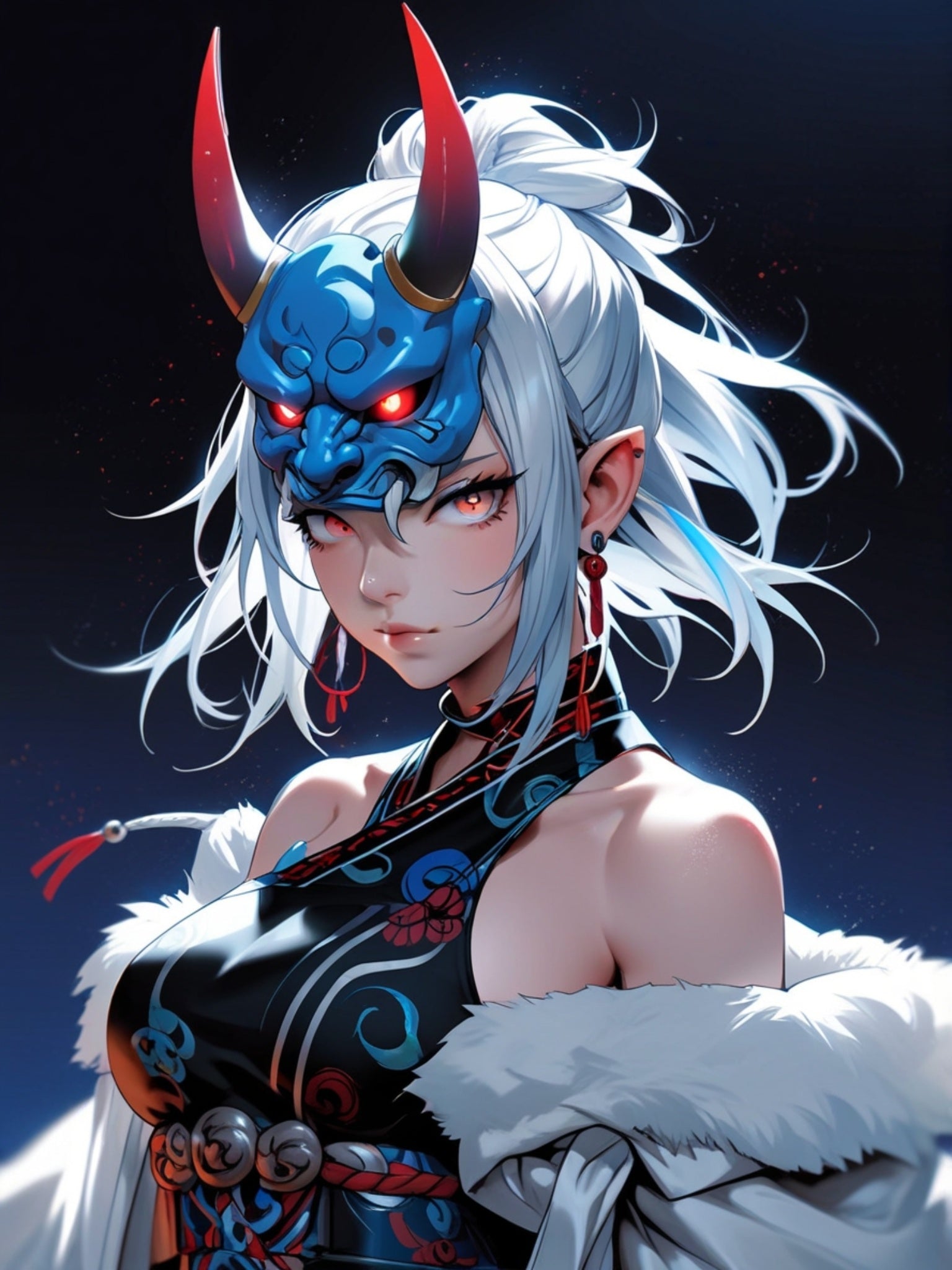 Blue Oni Mask Queen Poster – Anime Demon Girl Wall Art Print, Japanese Yokai Fantasy Artwork, Cyberpunk Pin Up Poster, Manga Horror Decor