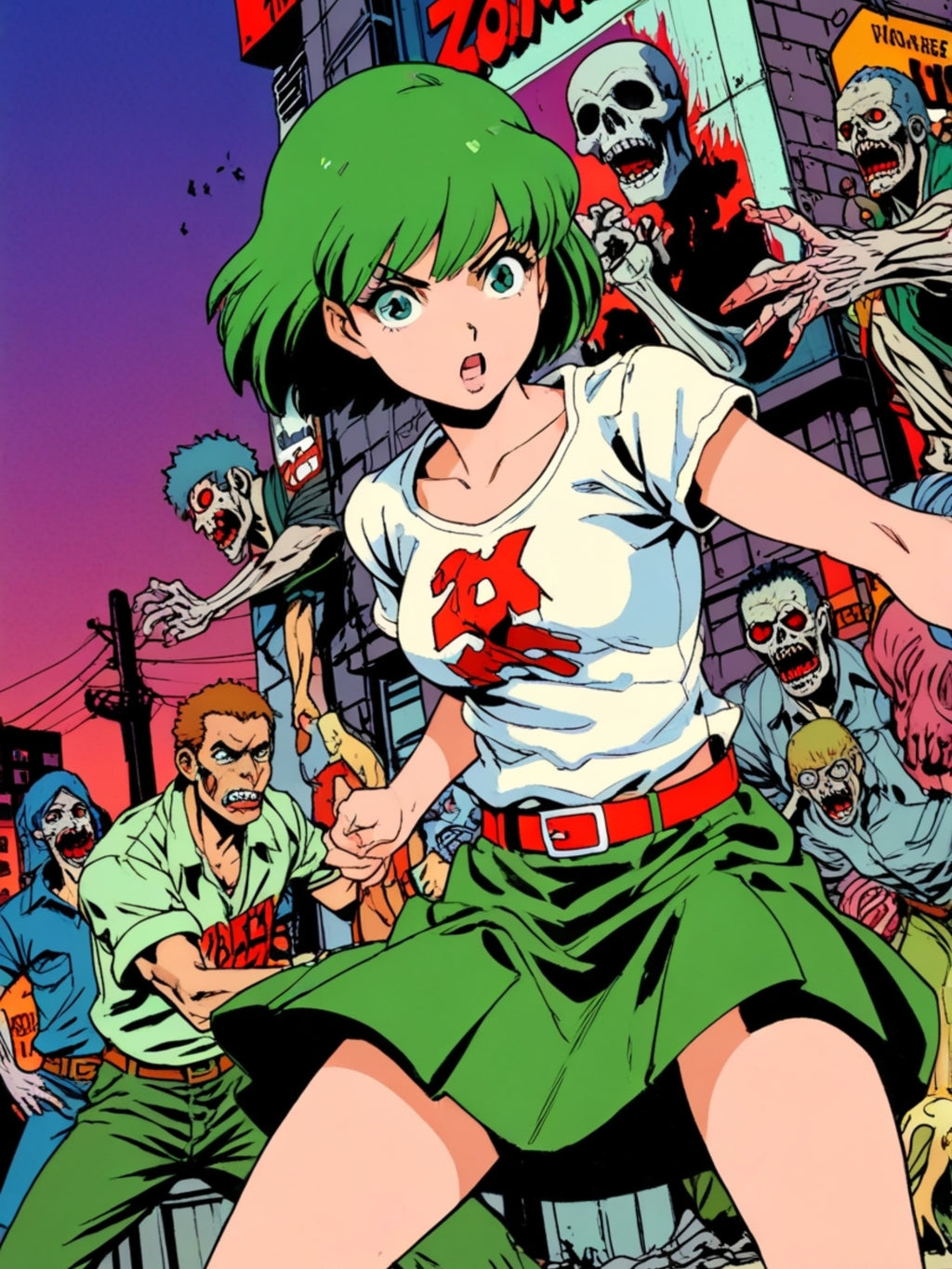 Zombie Anime Girl Poster – ZOMBA SQUAD Horror Wall Art Print, Retro Manga Apocalypse Decor, Grindhouse Comic Style Pin Up Poster