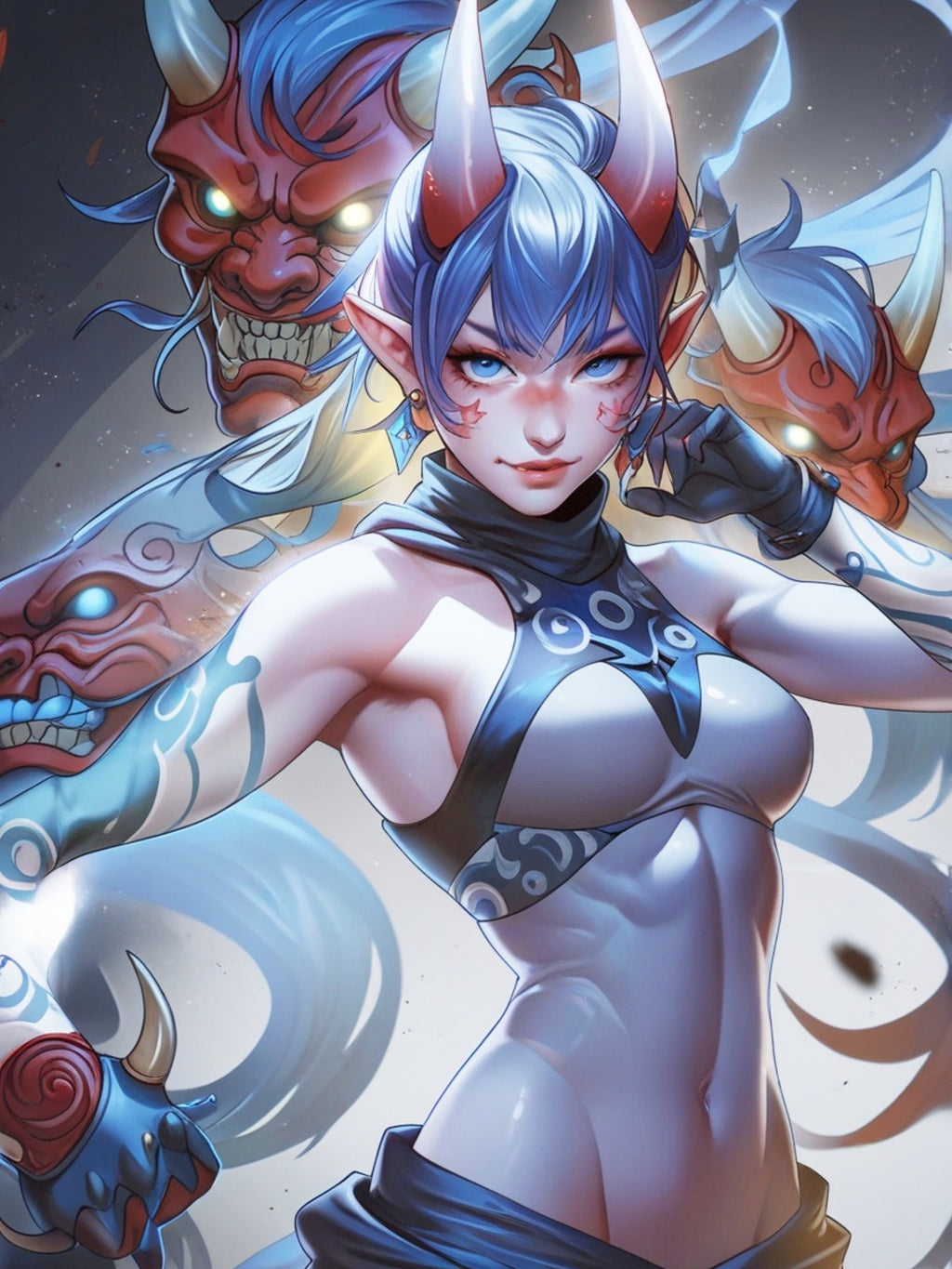 Blue Oni Warrior Girl Poster, Anime Demon Mask Wall Art, Japanese Yokai Fantasy Print, Gamer Room Poster, Epic Anime Wall Decor