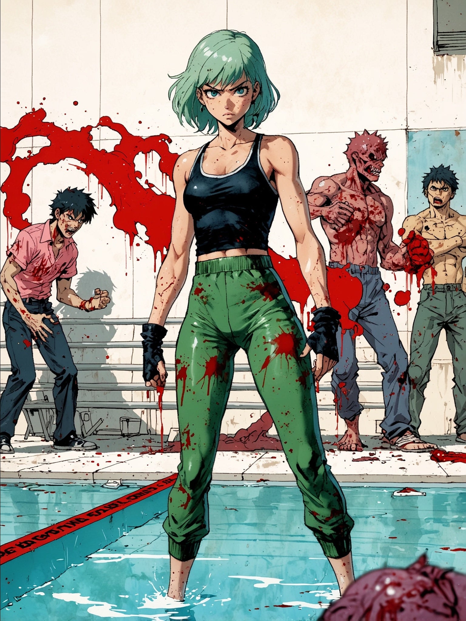 Zombie Pool Survivor Anime Poster – Horror Manga Wall Art, Retro Apocalypse Print, Collector Decor, Gamer Room Poster