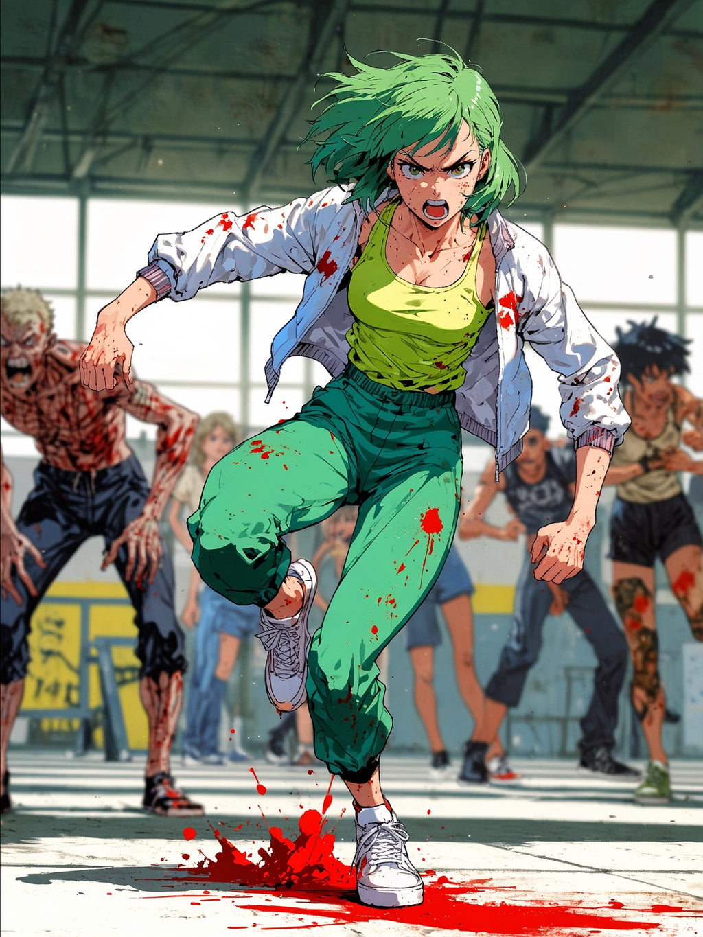 Zombie Outbreak Escape Anime Poster – Green-Haired Survivor Horror Wall Art, Zomba Squad Action Apocalypse Print
