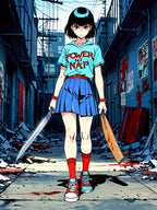 Power Nap Zombie Slayer Anime Poster – Horror Schoolgirl Wall Art, Retro Apocalypse Alley Print, Zomba Squad Decor