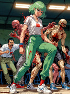 Zombie Gym Outbreak Anime Poster – Green-Haired Survivor Horror Wall Art, Apocalypse Action Print, Zomba Squad Decor